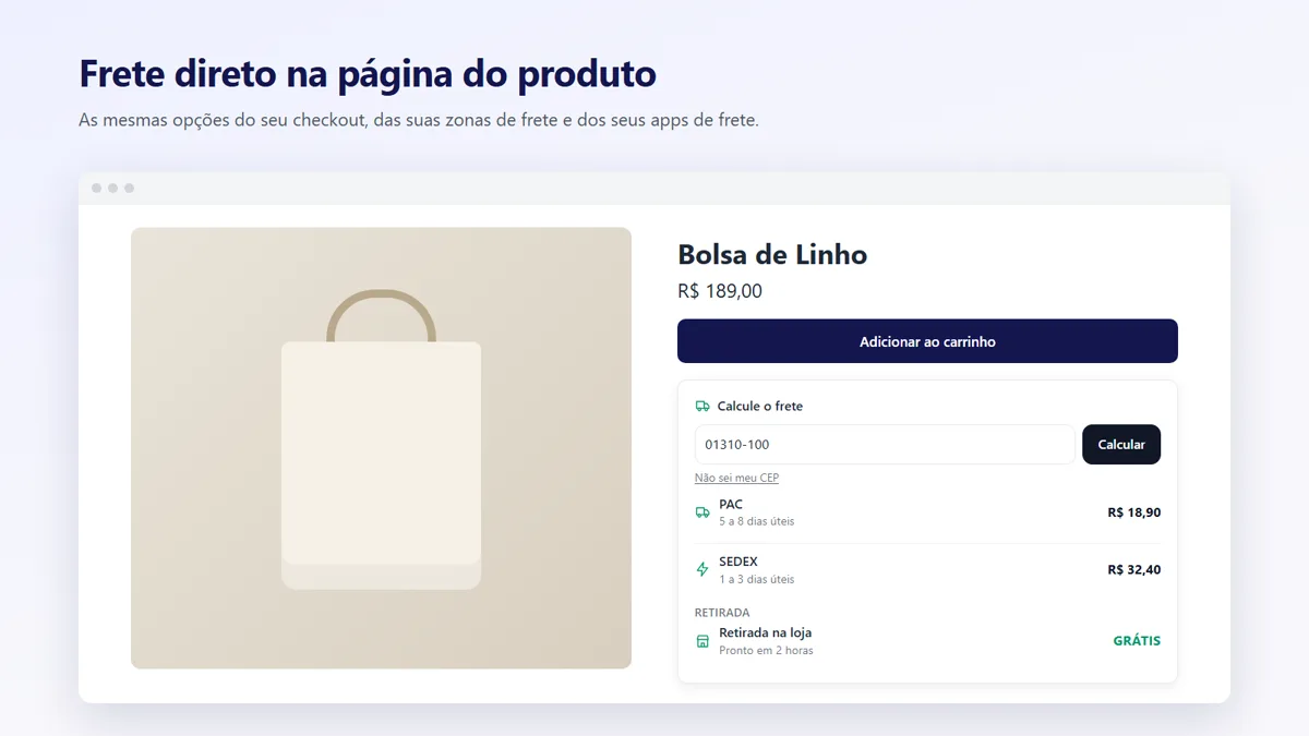Calculadora de frete do Fretify - Frete no Produto na página de um produto, com PAC, SEDEX e retirada na loja